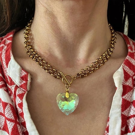 Elegant Heart Necklace with Green Glow Effect Adjustable Length Neckchain Stylish Neckwear Accessories for Party