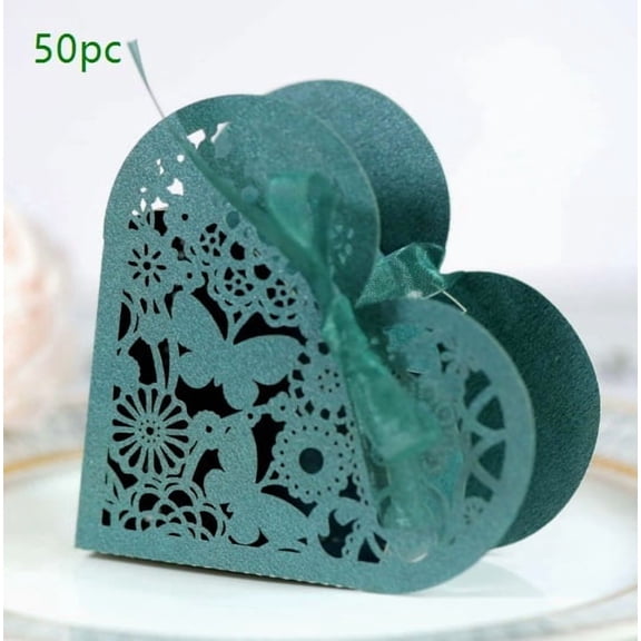 Elegant Heart-Shaped Wedding Candy Box with Ribbon - Intricate Laser-Cut Butterfly and Flower Design for Special Occasions