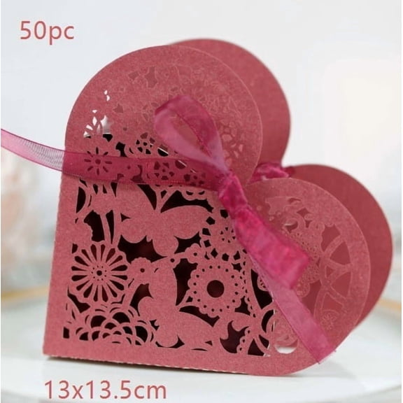 Elegant Heart-Shaped Wedding Candy Box with Ribbon - Laser-Cut Butterfly and Flower Design for Special Occasions