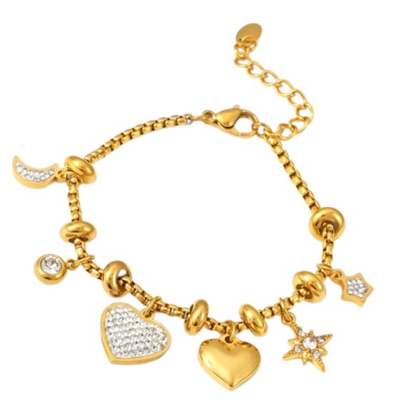 Elegant Heart and Moon Charm Bracelet Accessory for Women in Gold Finish