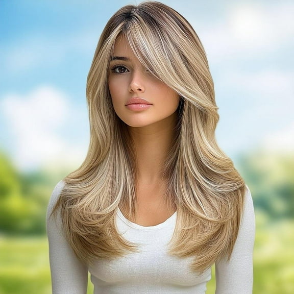Elegant Heat-Resistant Blonde Wig with Bangs – Gradient Dark to Light Blonde, Straight Synthetic Hair, Perfect for Daily Wear, Parties, Gifts, & Special Occasions 22 inch