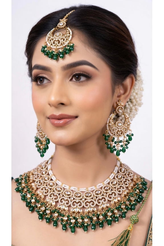 Elegant Heavy Green & Gold Kundan Bridal Jewelry Set Perfect for Weddings & Festive Occasions