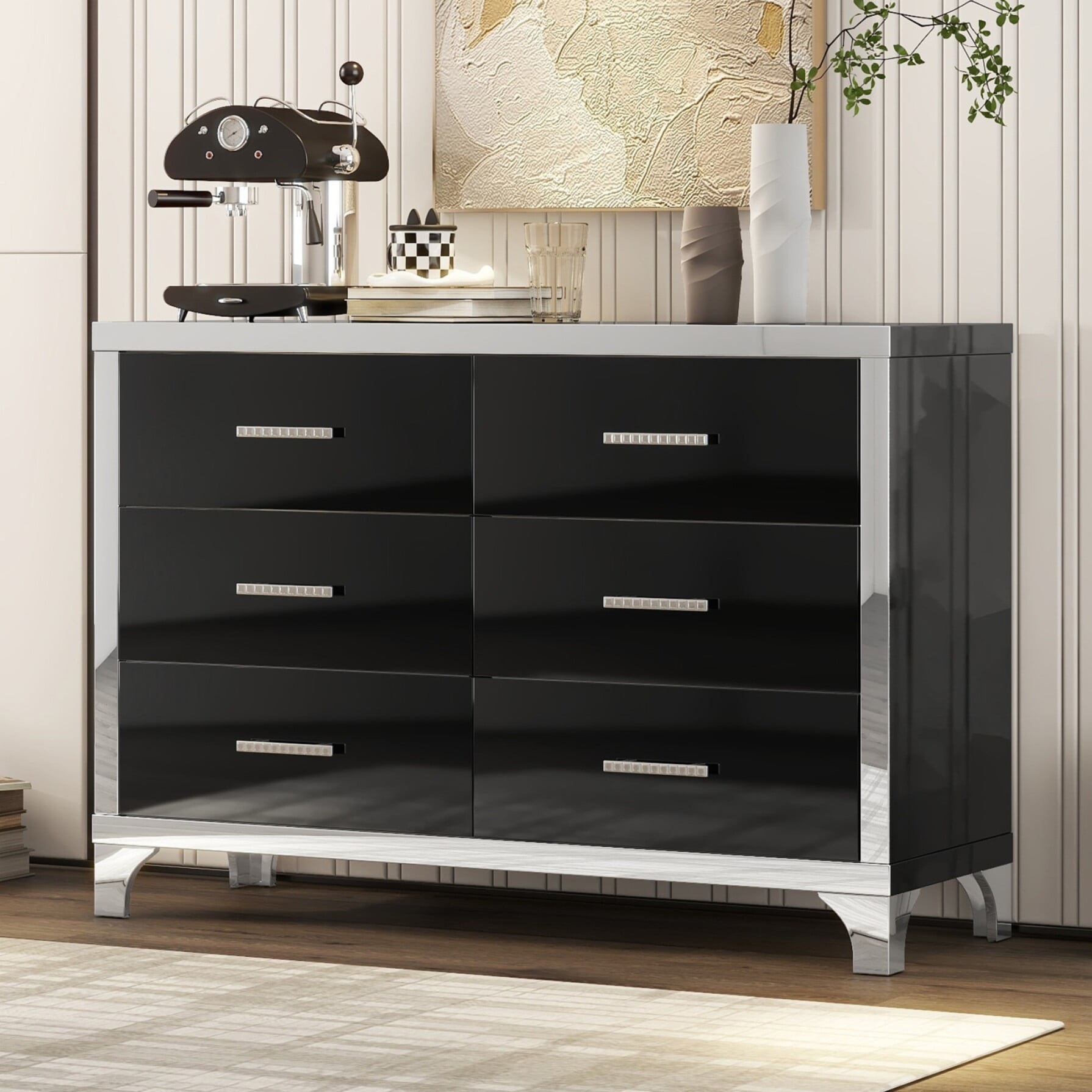 Elegant High Gloss Dresser with Metal Handle,Mirrored Storage