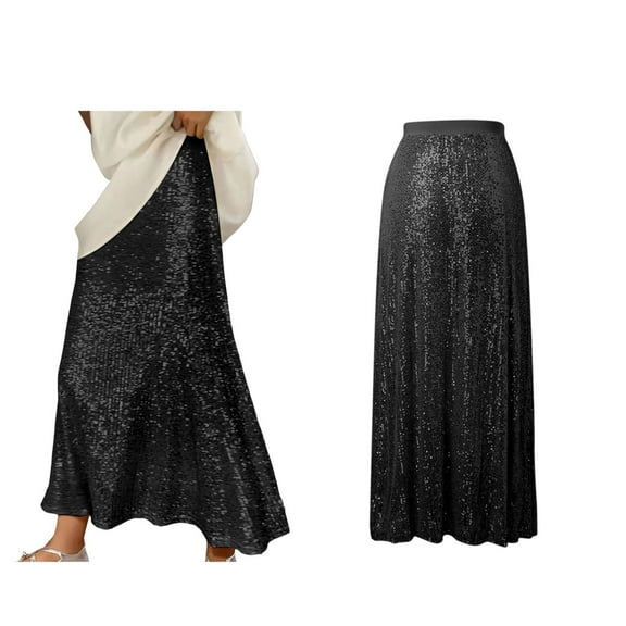 Elegant High Waist Sequin Shiny A-Line Long Skirt for Women Spring Summer Casual Streetwear