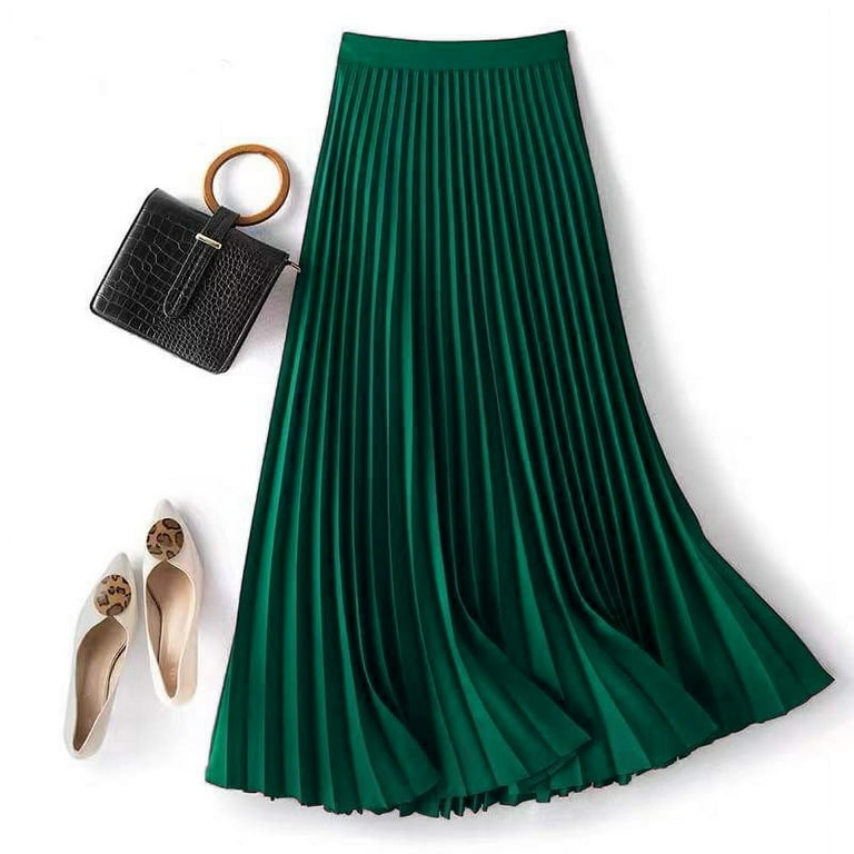 Elegant High-Waisted Satin Pleated Midi Skirt – Versatile Princess