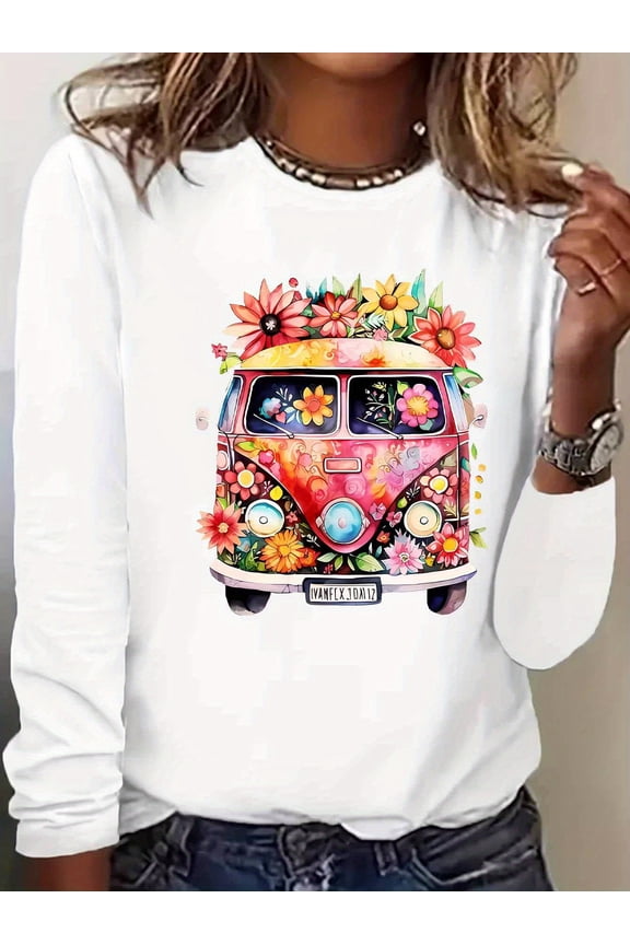 Elegant Hippie Van Graphic Long Sleeve T-Shirt, 100 cotton Knit Fabric with Medium Stretch, All-Season Casual Streetwear for Women
