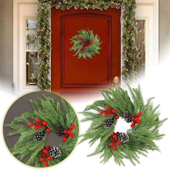 Festive Holiday Wreath Door Hanging Ornament Featuring Realistic Red Berries and Soft Flexible Needles for Year Round Seasonal
