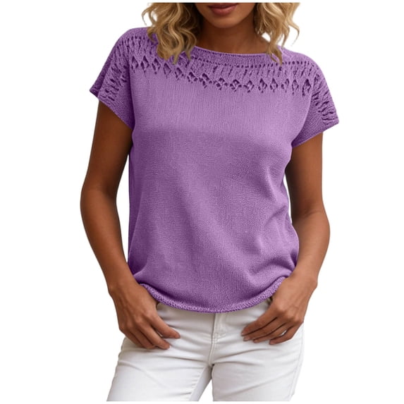 Elegant Hollow Knitted Tops for Women Summer Loose Crewneck Pullover Short Sleeve Casual Sweater Tops