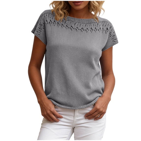 Elegant Hollow Knitted Tops for Women Summer Loose Crewneck Pullover Short Sleeve Casual Sweater Tops