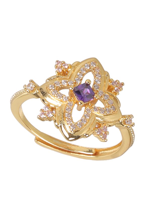 Elegant Hollow Out Adjustable Rings Featuring Sparkling Amethyst Stone Electroplated Metal Wedding Accessory