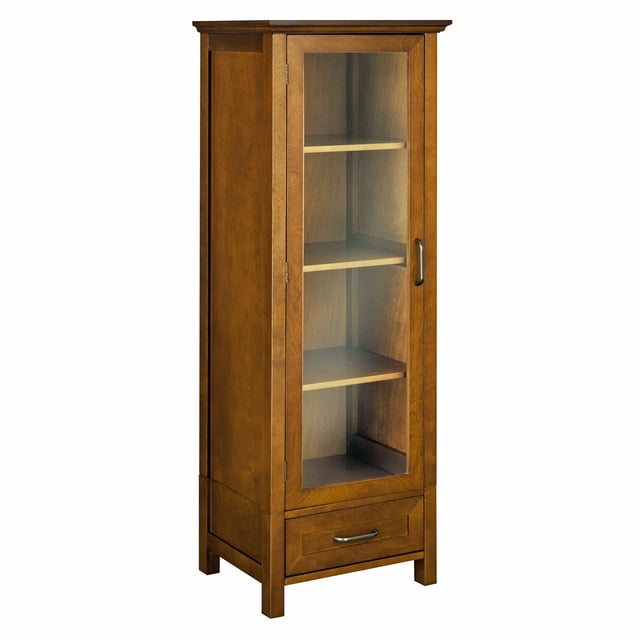 Elegant Home Fashions Calais Wood Linen Cabinet with Glass Door, Oil Oak