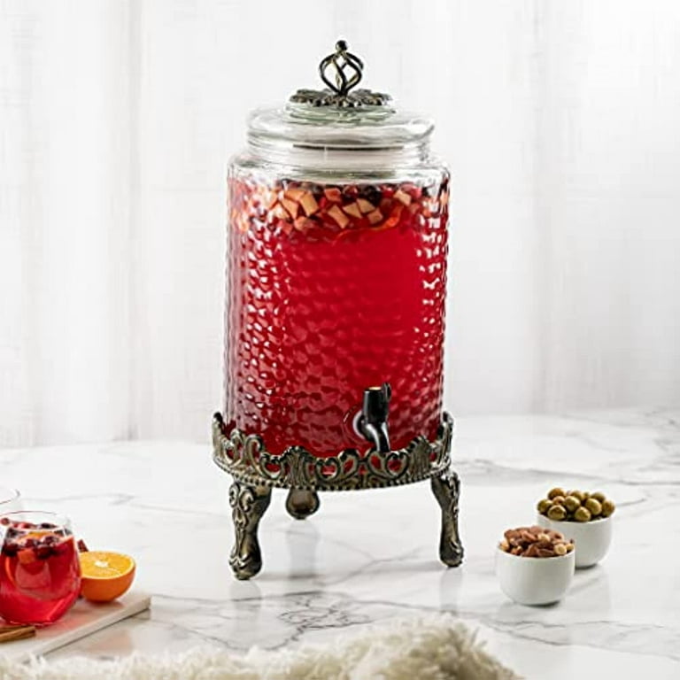 Elegant Home Hammered Glass Ice Cold Beverage Drink Dispenser - 2.7 Gallon,  With Glass Lid and Antique Metal Stand, 100% Leak Proof Spigot- Wide Mouth