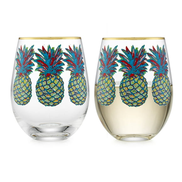 Elegant Home Personalized Gift Set of Two 19 Oz. Stemless Wine Glass - unique Novelty - Gag Gift. (Pineapple)