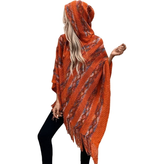 Elegant Hooded Knitted Ponchos Capes for Women Multicolor Striped Sweater Shawl with Fringes Tasels for Casual or Party