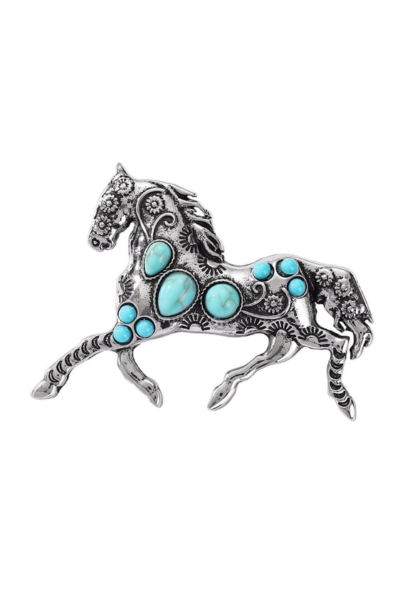 Elegant Horse Brooch Adorned with Simulated Turquoise Accent for Fashion Forward Looks on Suits and Shirts Gift