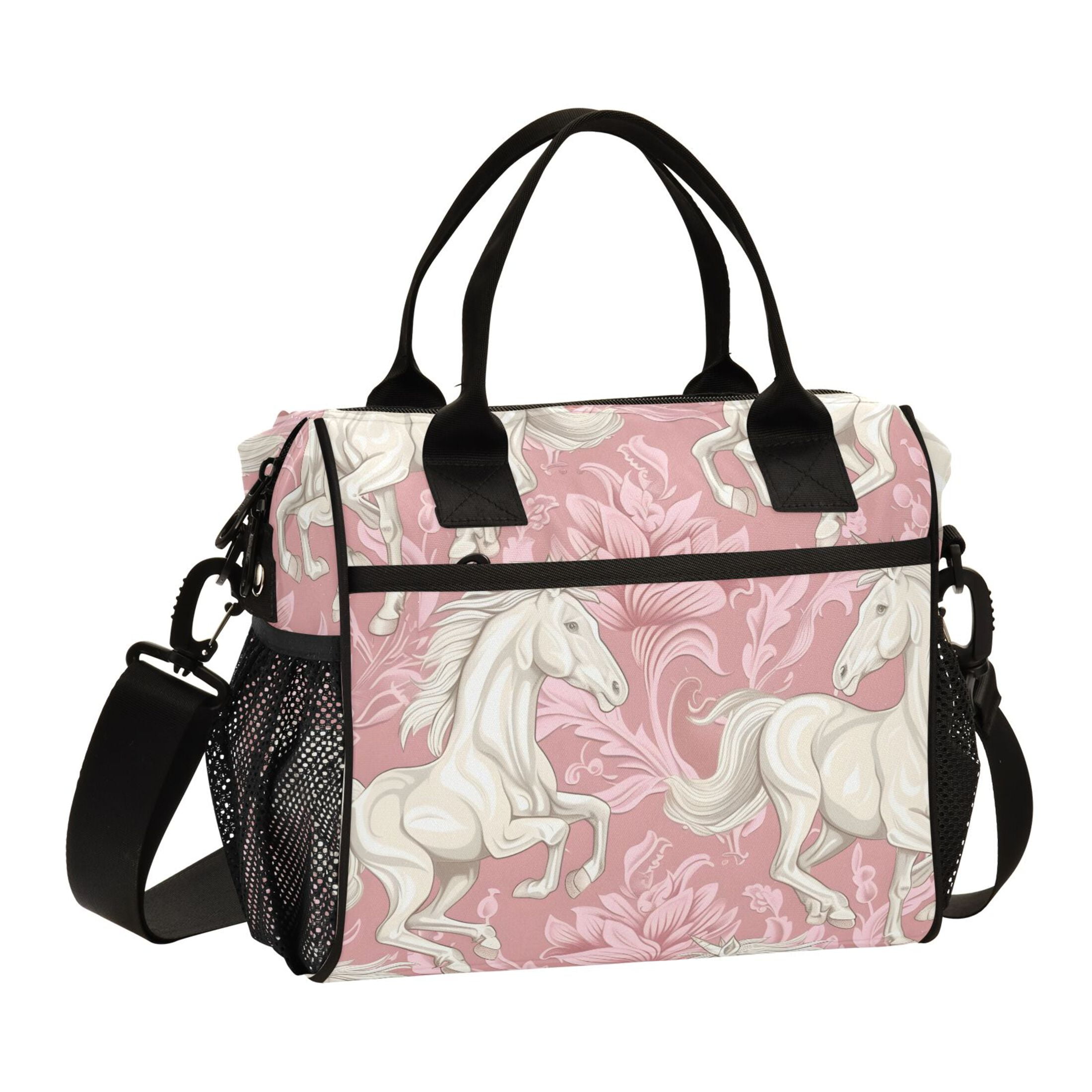 Elegant Horse with Flower Lunch Bag Insulated Lunch Box Leakproof Reusable Cooler Tote Adjustable Shoulder Strap for Men Women 9L