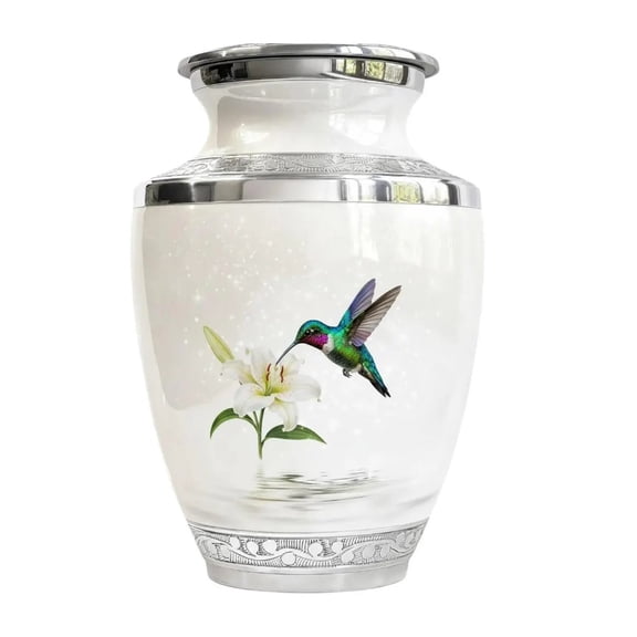 Elegant Hummingbird Lily Cremation Urn, Pearl White Memorial Keepsake Ashes