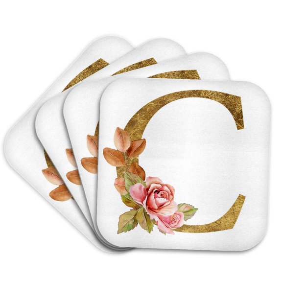 3drose, Elegant Image and Gold Boho Flower Monogram Initial C, Set of 4 Coasters - Soft