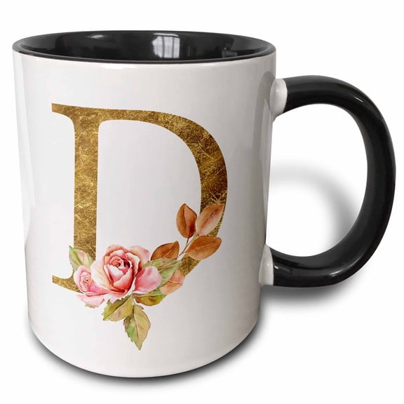 3drose, Elegant Image and Gold Boho Flower Monogram Initial D, 15oz Two-tone Black Mug