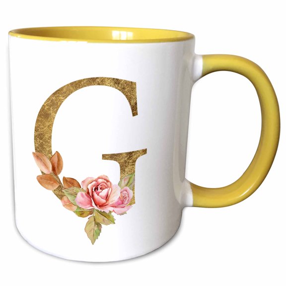 3drose, Elegant Image and Gold Boho Flower Monogram Initial G, 11oz Two-tone Yellow Mug