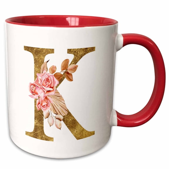 3drose, Elegant Image and Gold Boho Flower Monogram Initial K, 11oz Two-tone Red Mug