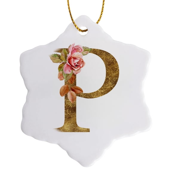 3drose, Elegant Image and Gold Boho Flower Monogram Initial P, 3 inch Snowflake Porcelain Ornament