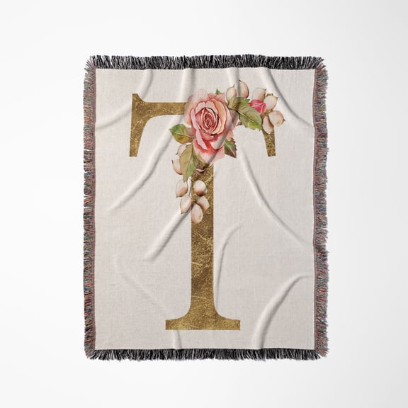 Elegant Image And Gold Boho Flower Monogram Initial T, Woven Blanket