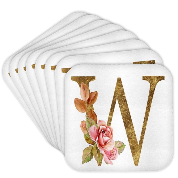 3drose, Elegant Image and Gold Boho Flower Monogram Initial W, Set of 8 Coasters - Soft