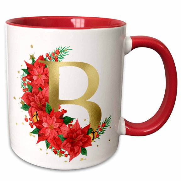 3drose, Elegant Image of Gold Monogram Initial B Poinsettia Floral, 11oz Two-tone Red Mug