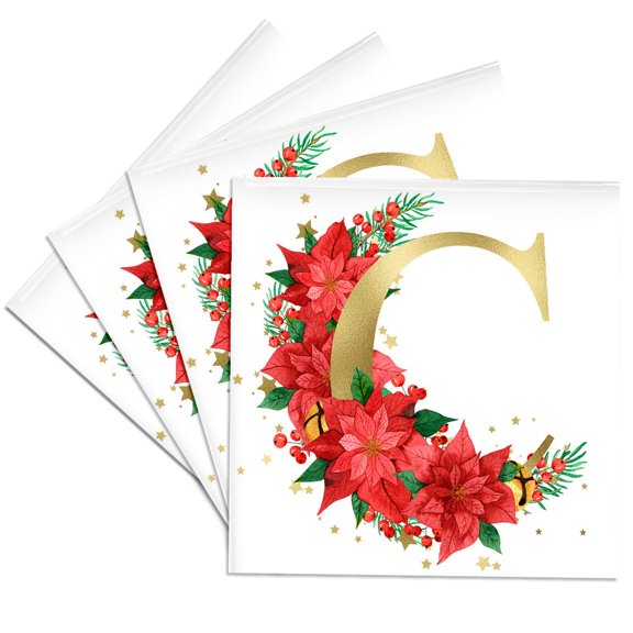 3drose, Elegant Image of Gold Monogram Initial C Poinsettia Floral, Set of 4 Ceramic Tile Coasters