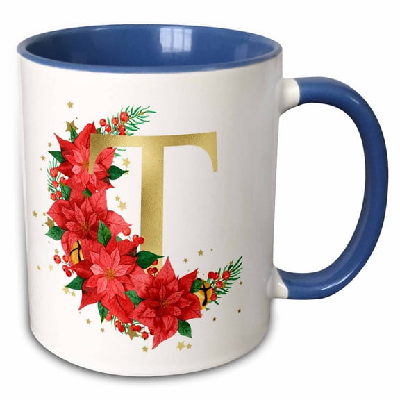3drose, Elegant Image of Gold Monogram Initial T Poinsettia Floral, 11oz Two-tone Blue Mug
