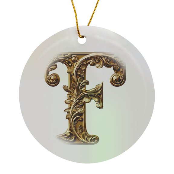 3drose, Elegant Image of Gold Victorian Ornate Monogram Initial F, Circle Porcelain Ornament