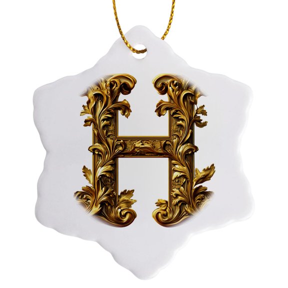 3drose, Elegant Image of Gold Victorian Ornate Monogram Initial H, 3 inch Snowflake Porcelain Ornament