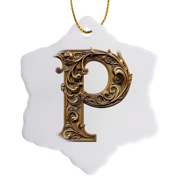 3drose, Elegant Image of Gold Victorian Ornate Monogram Initial P, 3 inch Snowflake Porcelain Ornament