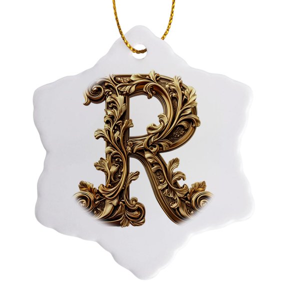 3drose, Elegant Image of Gold Victorian Ornate Monogram Initial R, 3 inch Snowflake Porcelain Ornament