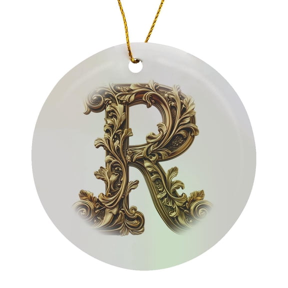 3drose, Elegant Image of Gold Victorian Ornate Monogram Initial R, Circle Porcelain Ornament