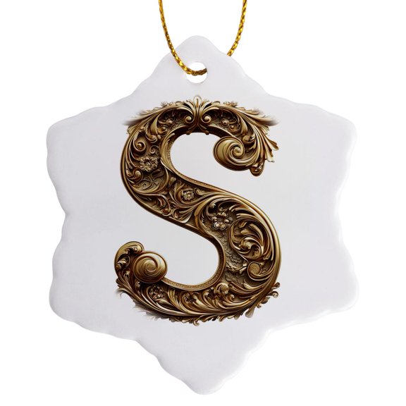 3drose, Elegant Image of Gold Victorian Ornate Monogram Initial S, 3 inch Snowflake Porcelain Ornament