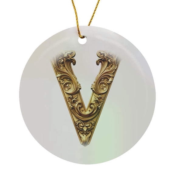 3drose, Elegant Image of Gold Victorian Ornate Monogram Initial V, Circle Porcelain Ornament