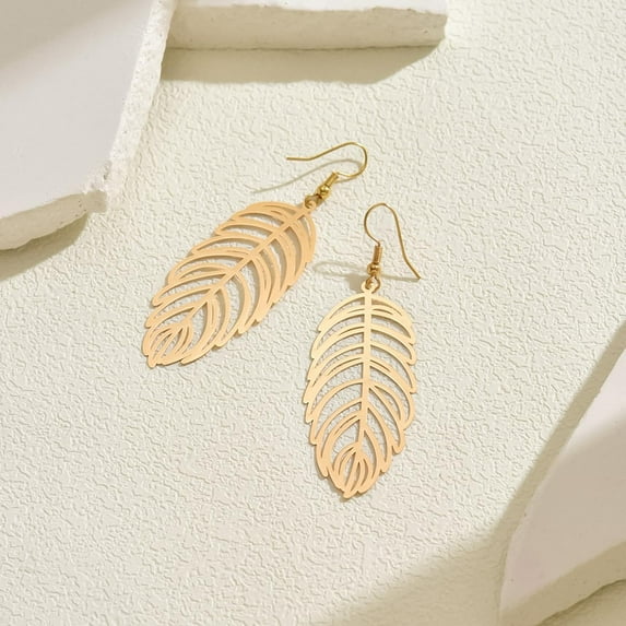 Elegant Iron Dangle Earrings Golden Feather 67x24mm