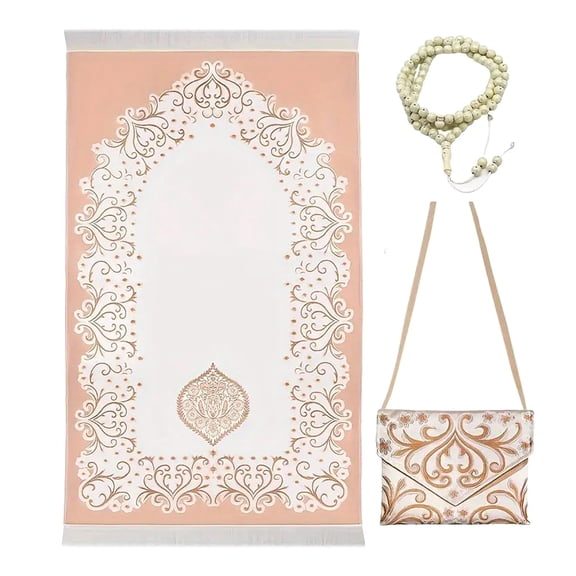 Elegant Islamics Prayer Rug with Beads & Carry Bag, Portable Travel Mat for Ramadans Weddings Holiday Gifts