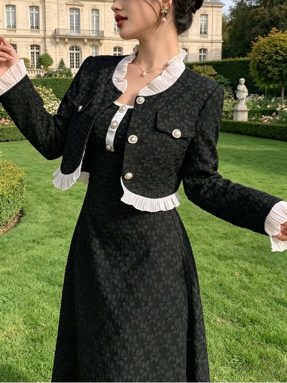 Elegant Jacquard 2 Piece Dress Set Contrast Ruffle Trim Pearl Button Cropped Jacket and Sleeveless Maxi Dress for Office Formal Party and Sunday Best
