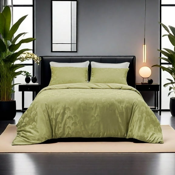 Elegant Jacquard 3 - Piece Bedding Set - Olive Green Leaf Pattern, Machine Washable, Ideal for Modern Luxe Bedrooms