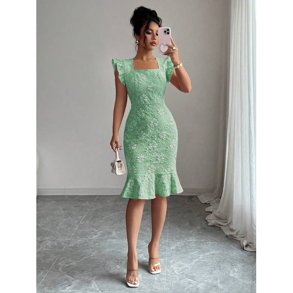 Elegant Jacquard Commuter Dress, Summer Floral Square Neck Knee-Length Dress for Women