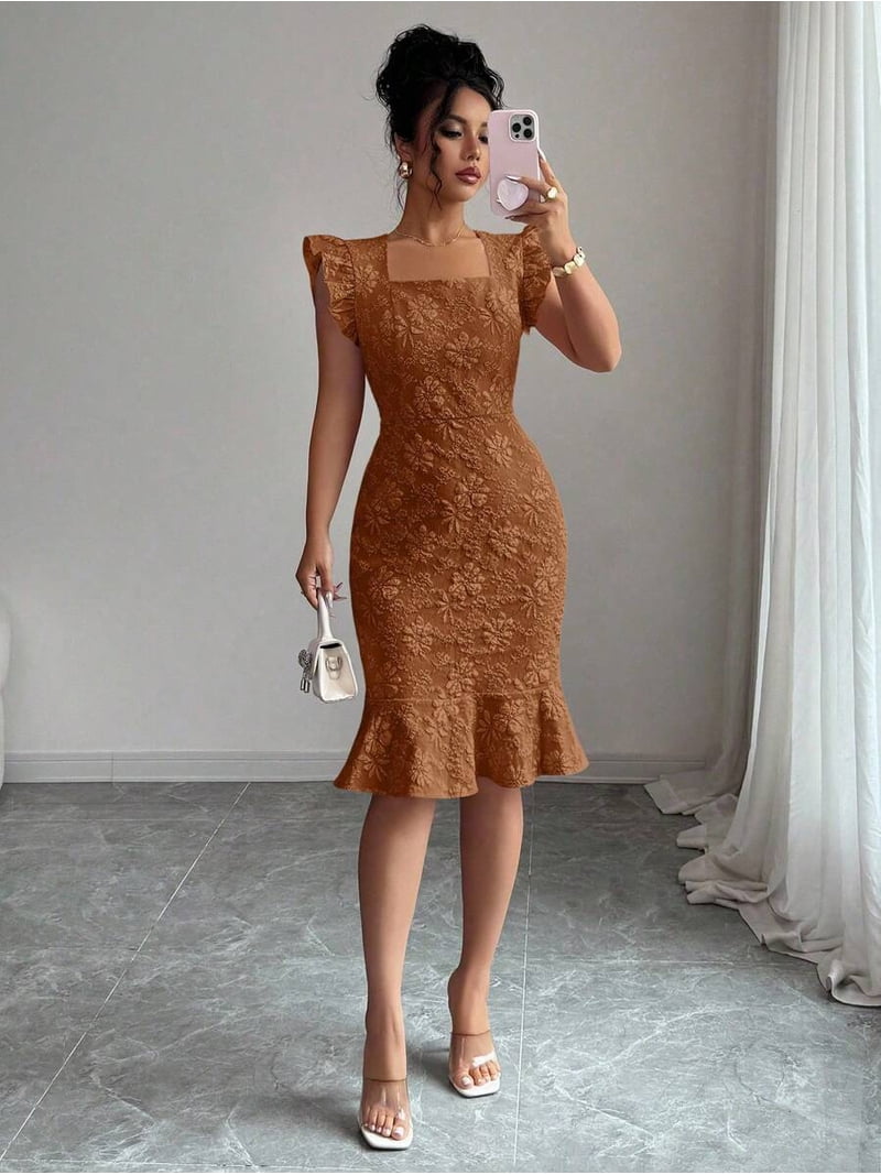 knee length square neck dress Elegant Jacquard Commuter Dress, Summer Floral Knee-Length for Women black mermaid prom dress