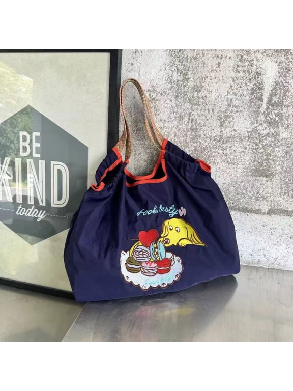 Elegant Japanese Handbag, Nylon Embroidered Eco-friendly Shopping Bag, Casual and Versatile Single-shoulder Crossbody Bag for Women