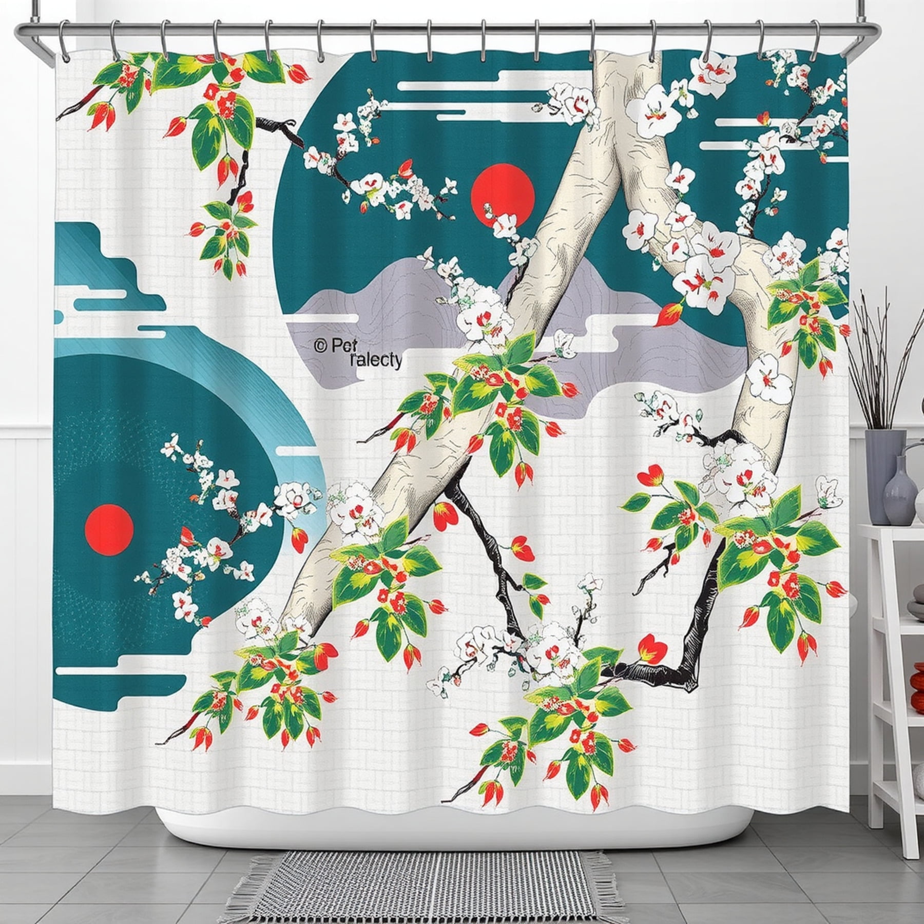 Elegant JapaneseInspired Shower Curtain with Tree Blossoms & Red