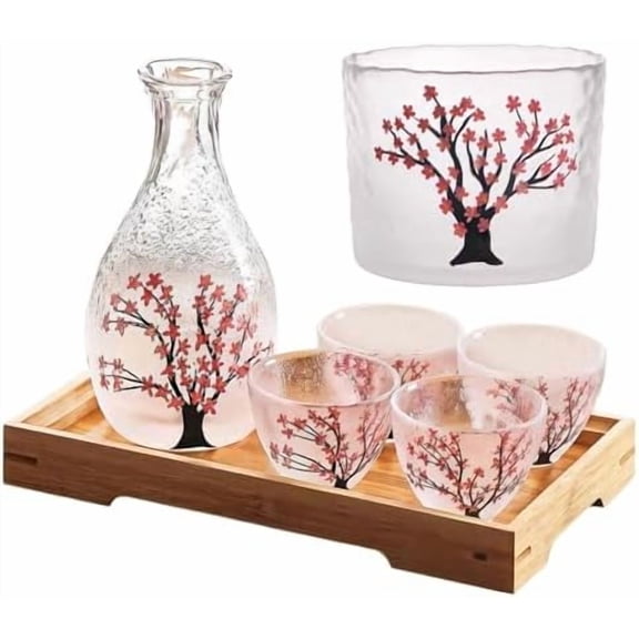 Elegant Japanese Sake Set - Handcrafted Glass Carafe and 4 Cups with Warmer, Cherry Blossom Design, Perfect for Sake, Soju, and Traditional Liquor Tasting, Ideal for Celebrations