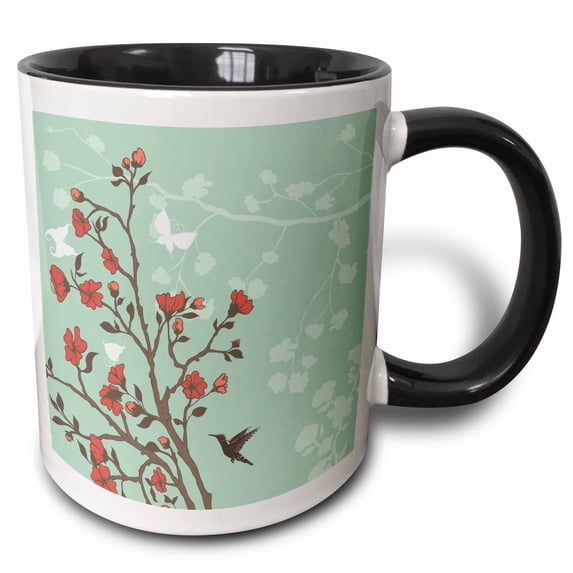 3drose, Elegant Japanese Sakuras with Butterflies and Hummingbird Japan Inspired Vector Art, 11oz Two-tone Black Mug
