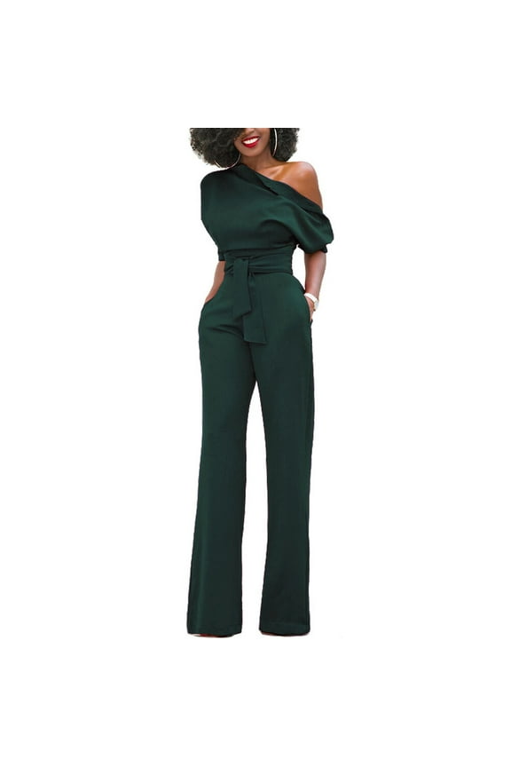 Elegant Jumpsuit Oblique Collar One Shoulder Baggy Pants Loose Wide European and Outfit