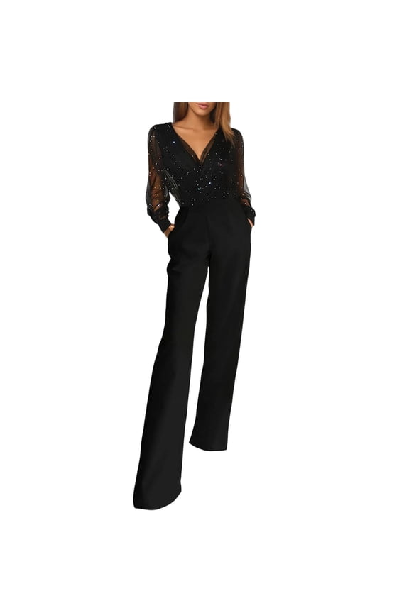 Elegant Jumpsuit for Women Mesh and Chiffon High Waist Romper with Flared Pants for Party Evening Wear Black L
